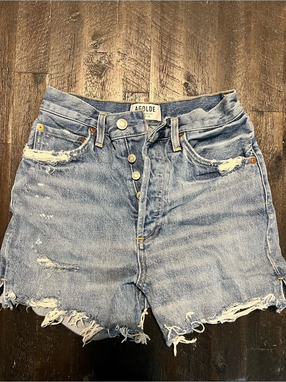 Agolde Light Wash High-Rise Distressed Denim Shorts